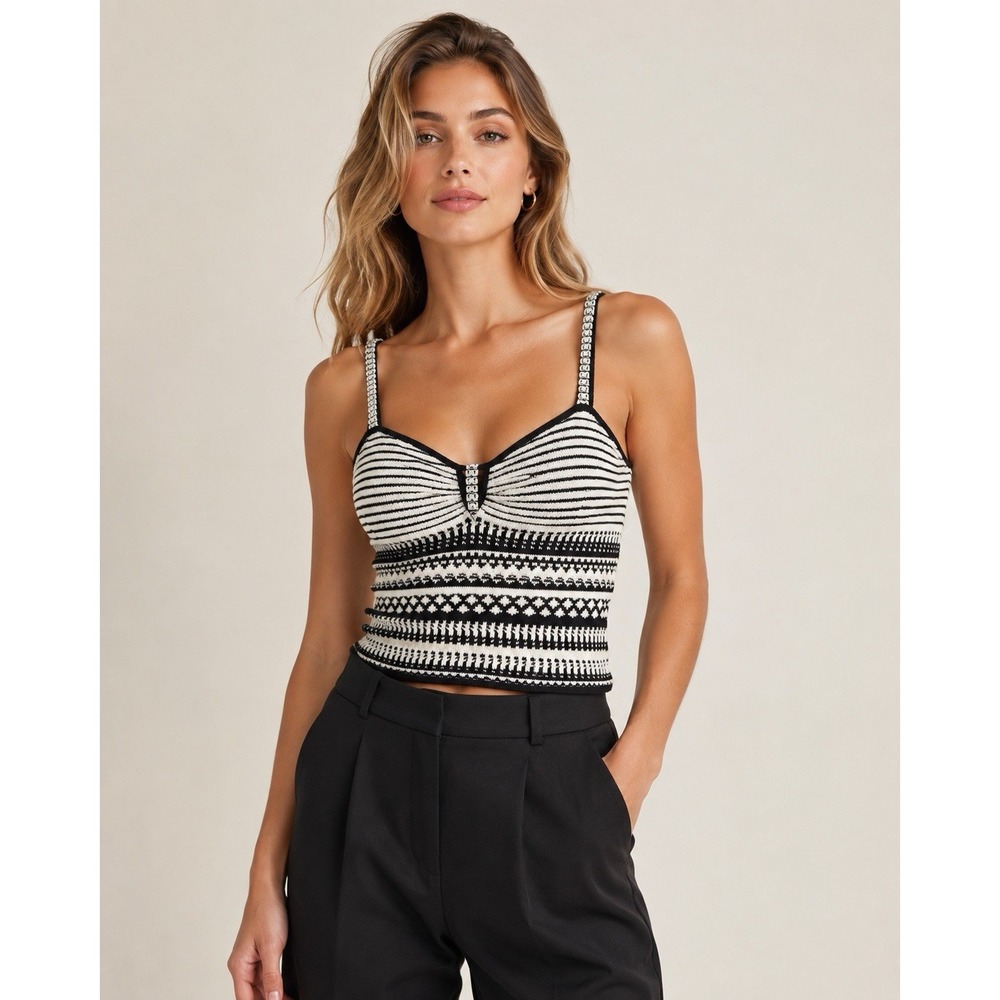Rachel Zoe Black White Knit Crop Tank Top Geometric Striped Boho Size M NWT